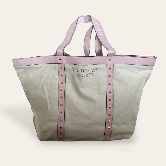 NWT Victoria's Secret Large White and Pink Tote Beach Travel Bag Rhinestones - Picture 1 of 6